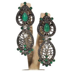 Vintage Circa 1980s 14k Gold Top Silver Natural Rose Cut Diamond Emerald Earring