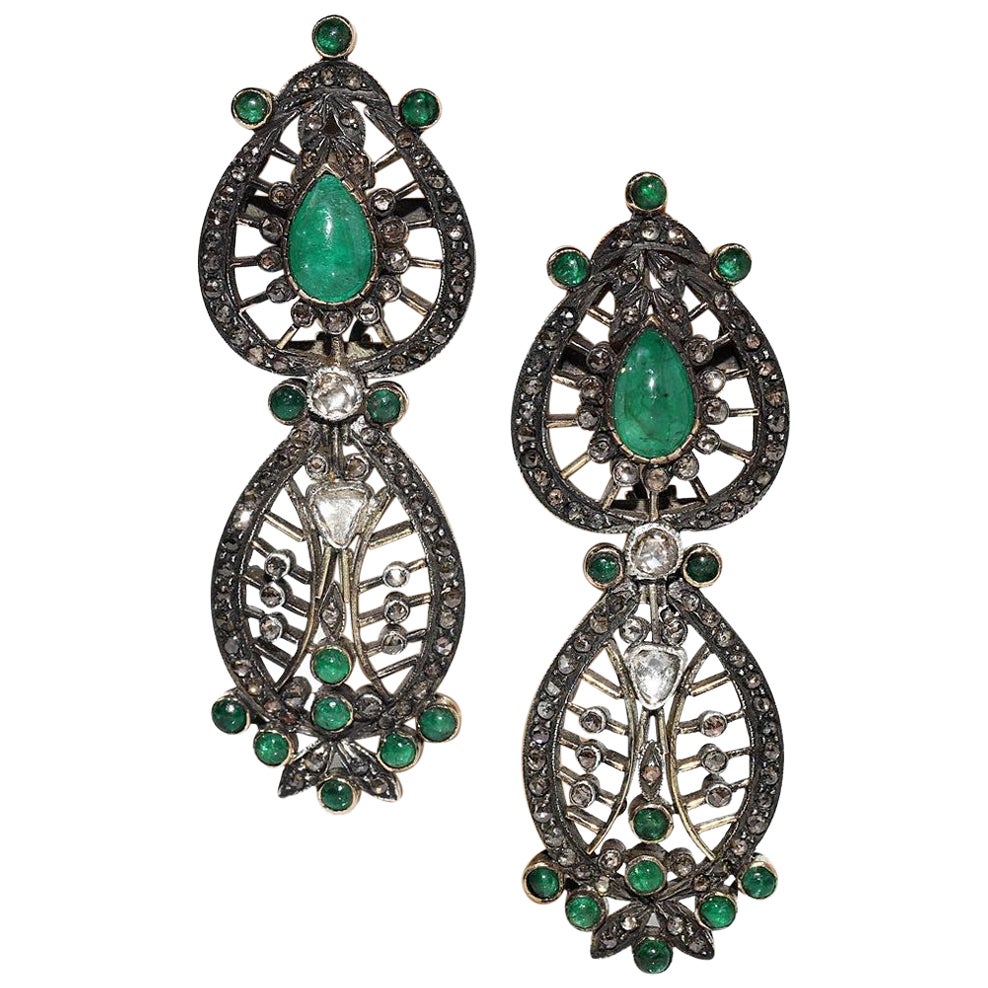 Vintage Circa 1980s 14k Gold Top Silver Natural Rose Cut Diamond Emerald Earring