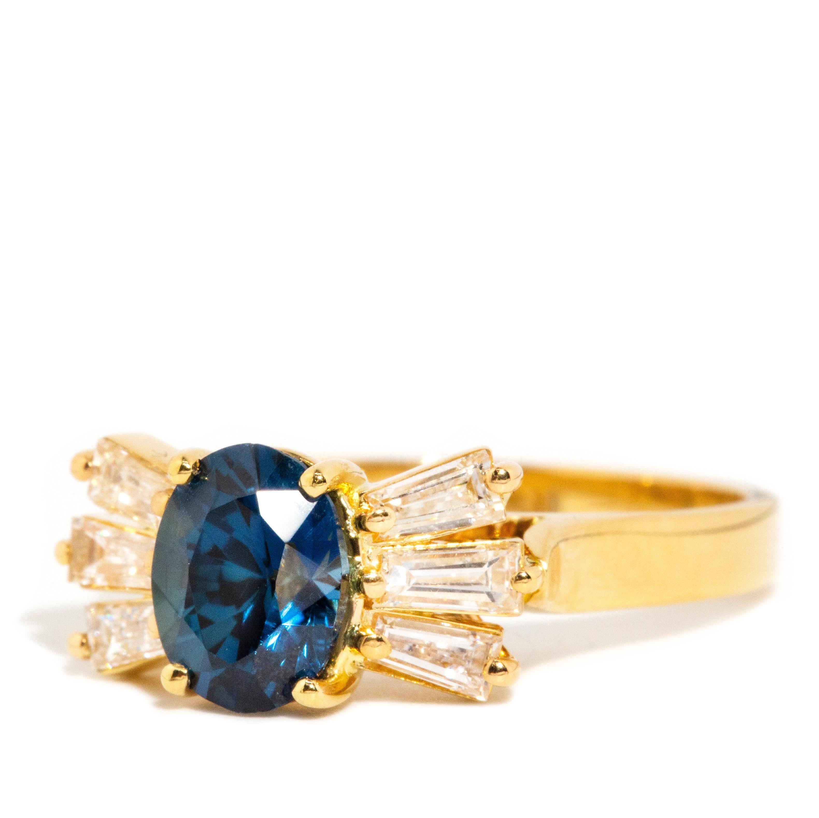 Oval Cut Vintage Circa 1980s 1.78 Carat Sapphire & Baguette Diamond Ring 18ct Yellow Gold For Sale
