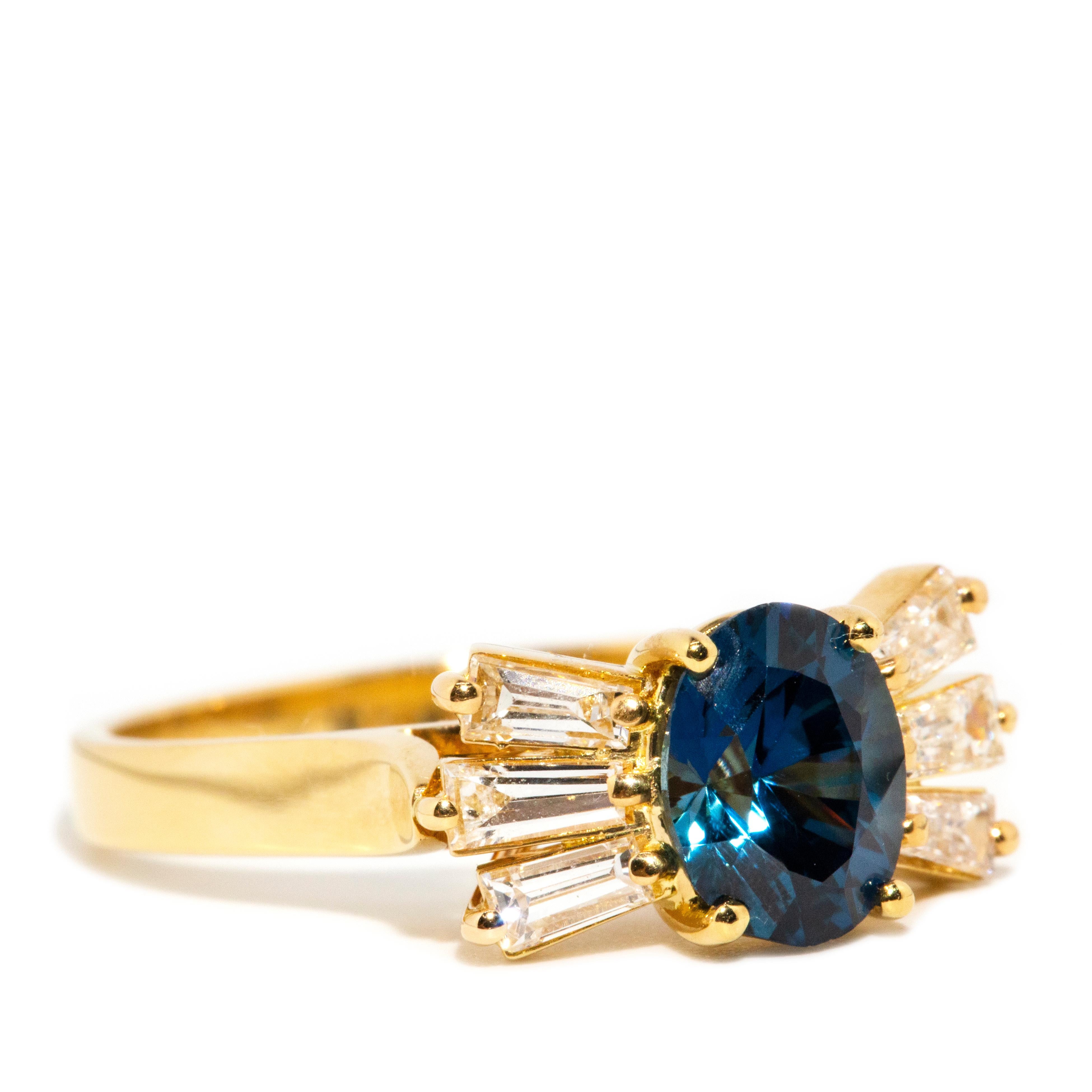 Vintage Circa 1980s 1.78 Carat Sapphire & Baguette Diamond Ring 18ct Yellow Gold For Sale 1