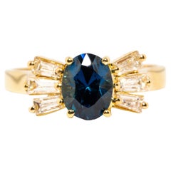 Vintage Circa 1980s 1.78 Carat Sapphire & Baguette Diamond Ring 18ct Yellow Gold