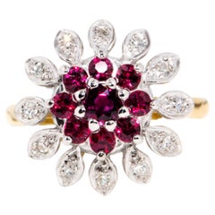 Vintage Circa 1980s 18 Carat Yellow and White Gold Diamond and Ruby Cluster Ring