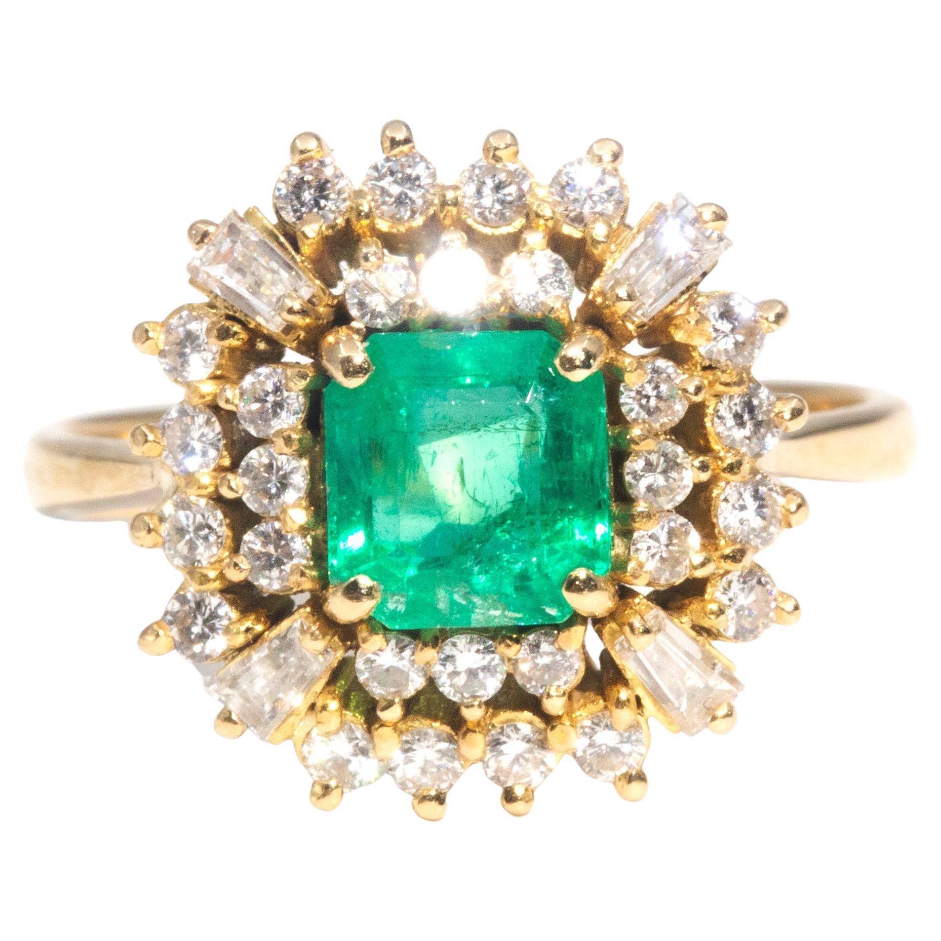 18 Karat Yellow Gold Emerald and Diamond Cluster Ring For Sale at 1stDibs