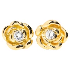 Vintage Circa 1980s 18 Carat Yellow Gold Brilliant Diamond Rose Stud Earrings