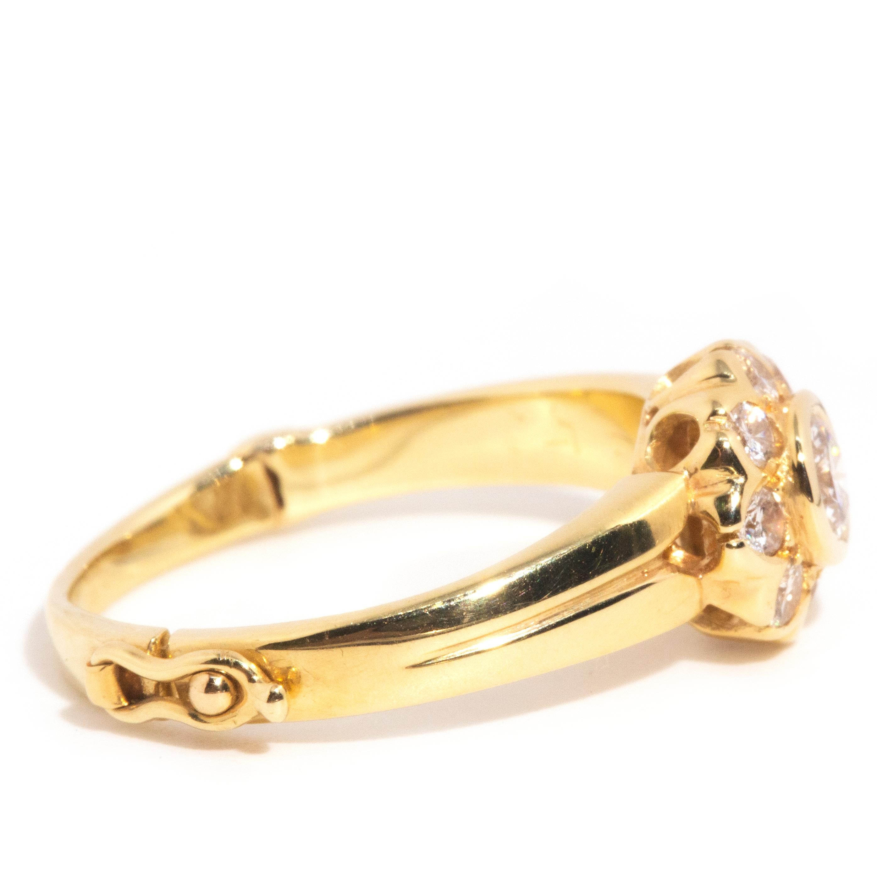 Round Cut Vintage Circa 1980s 18 Carat Yellow Gold Hinged Diamond Flower Cluster Ring