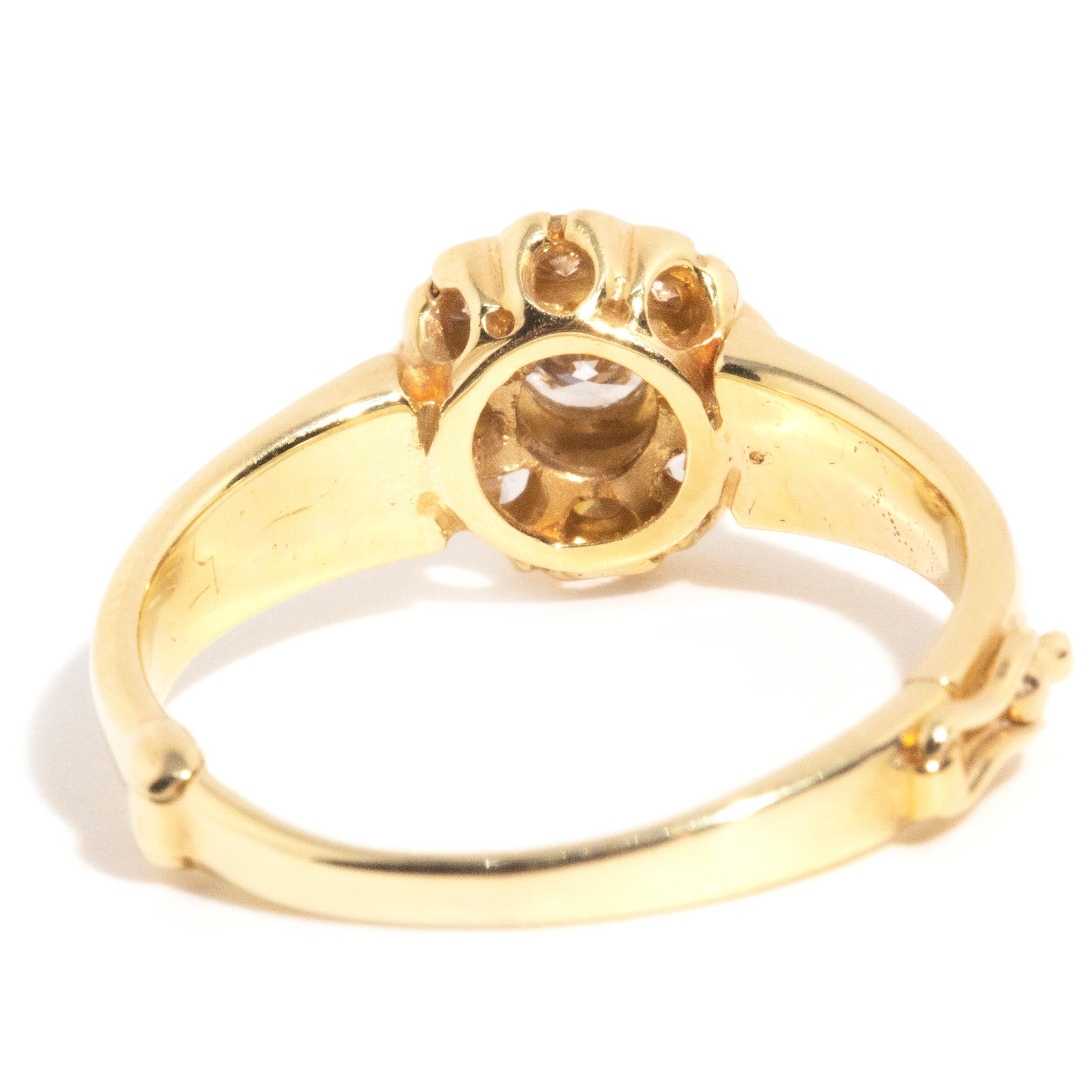 Women's Vintage Circa 1980s 18 Carat Yellow Gold Hinged Diamond Flower Cluster Ring