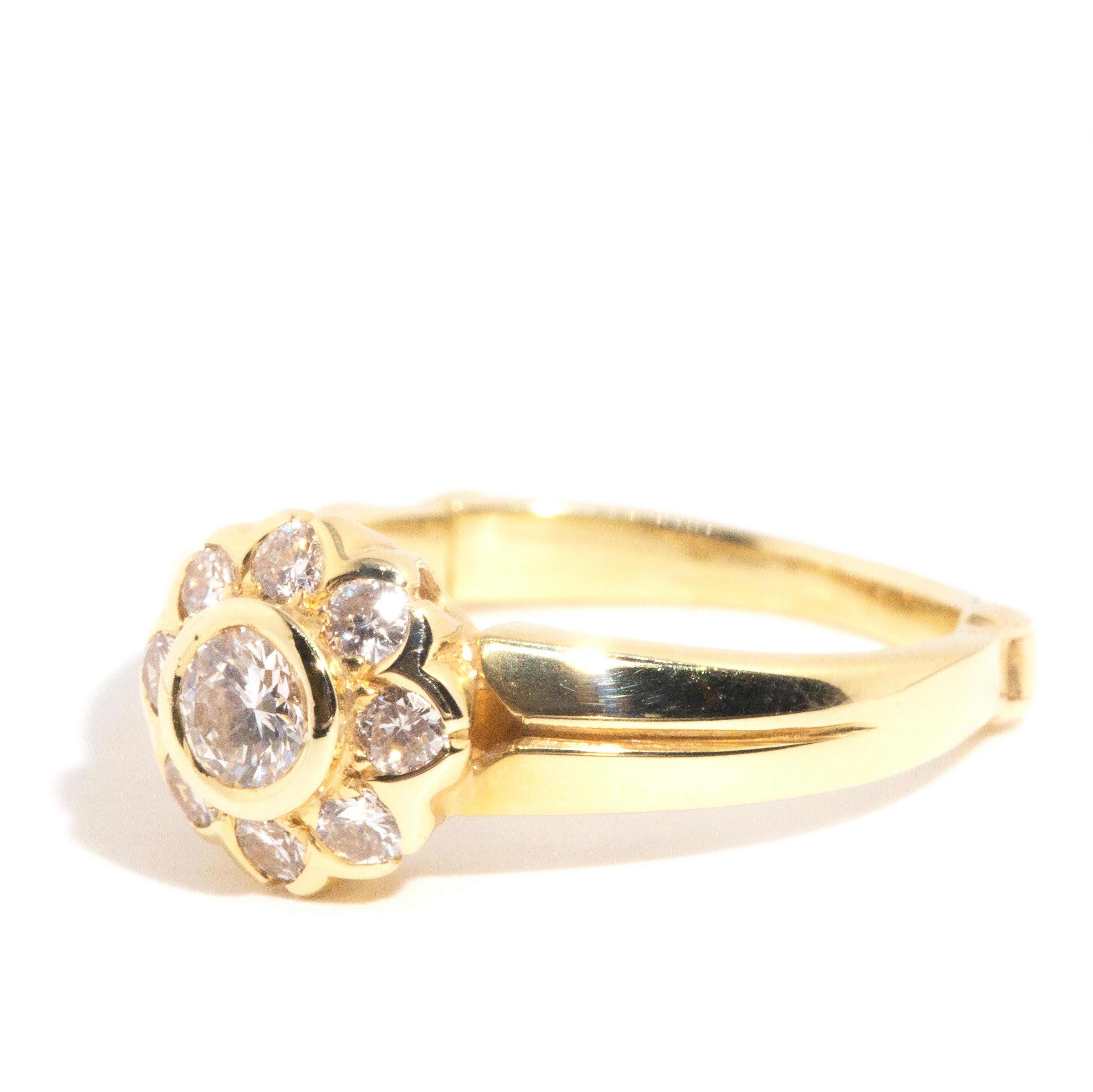 Vintage Circa 1980s 18 Carat Yellow Gold Hinged Diamond Flower Cluster Ring 2