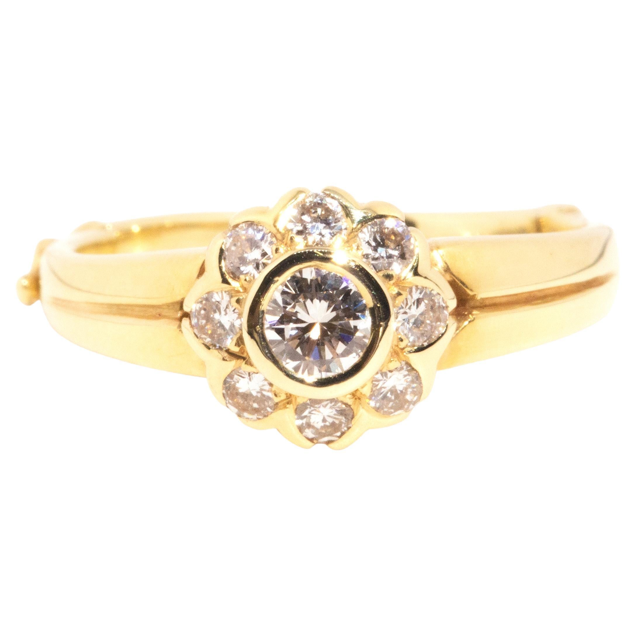 Vintage Circa 1980s 18 Carat Yellow Gold Hinged Diamond Flower Cluster Ring