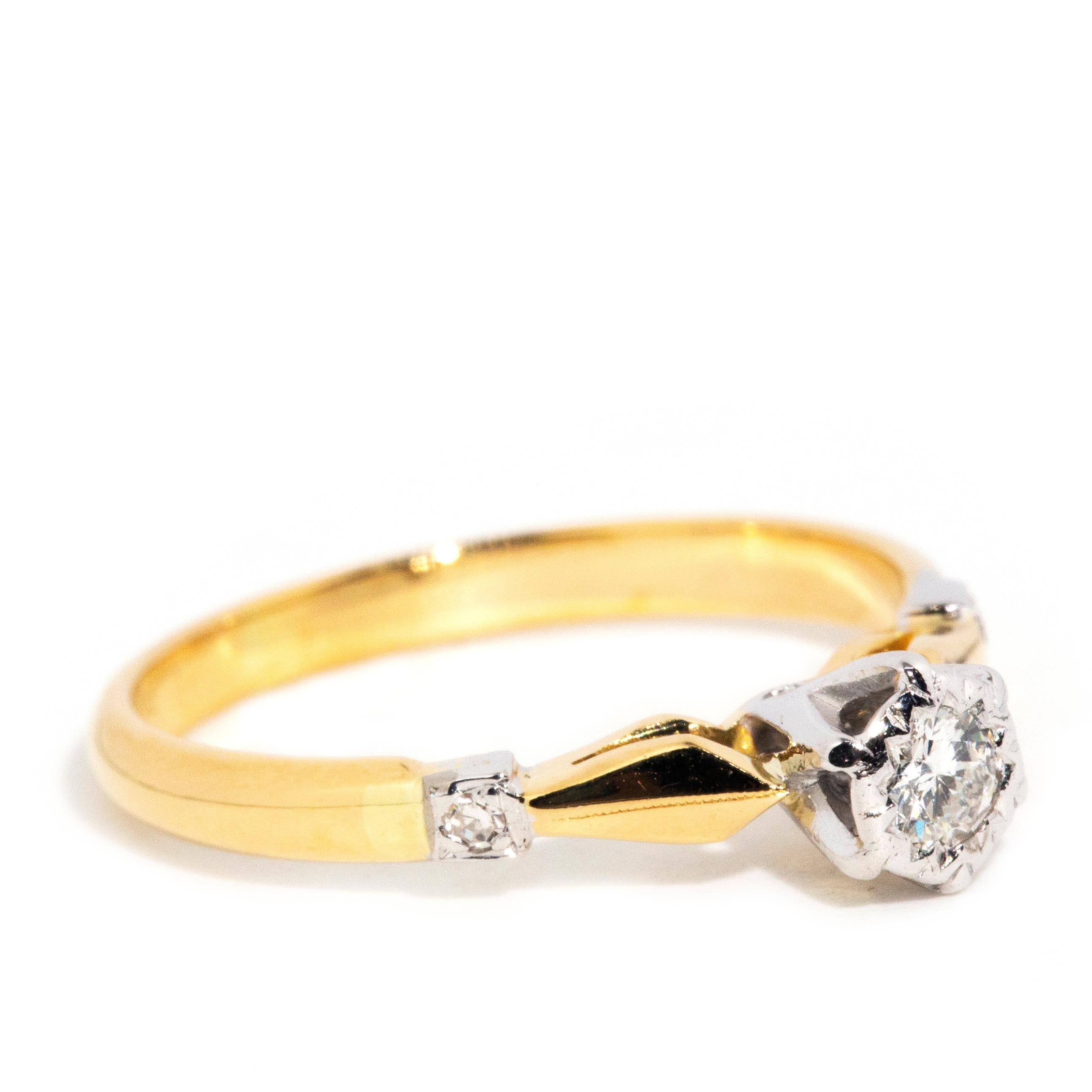 Modern Vintage circa 1980s 18 Carat Yellow & White Gold Round Brilliant Diamond Ring For Sale