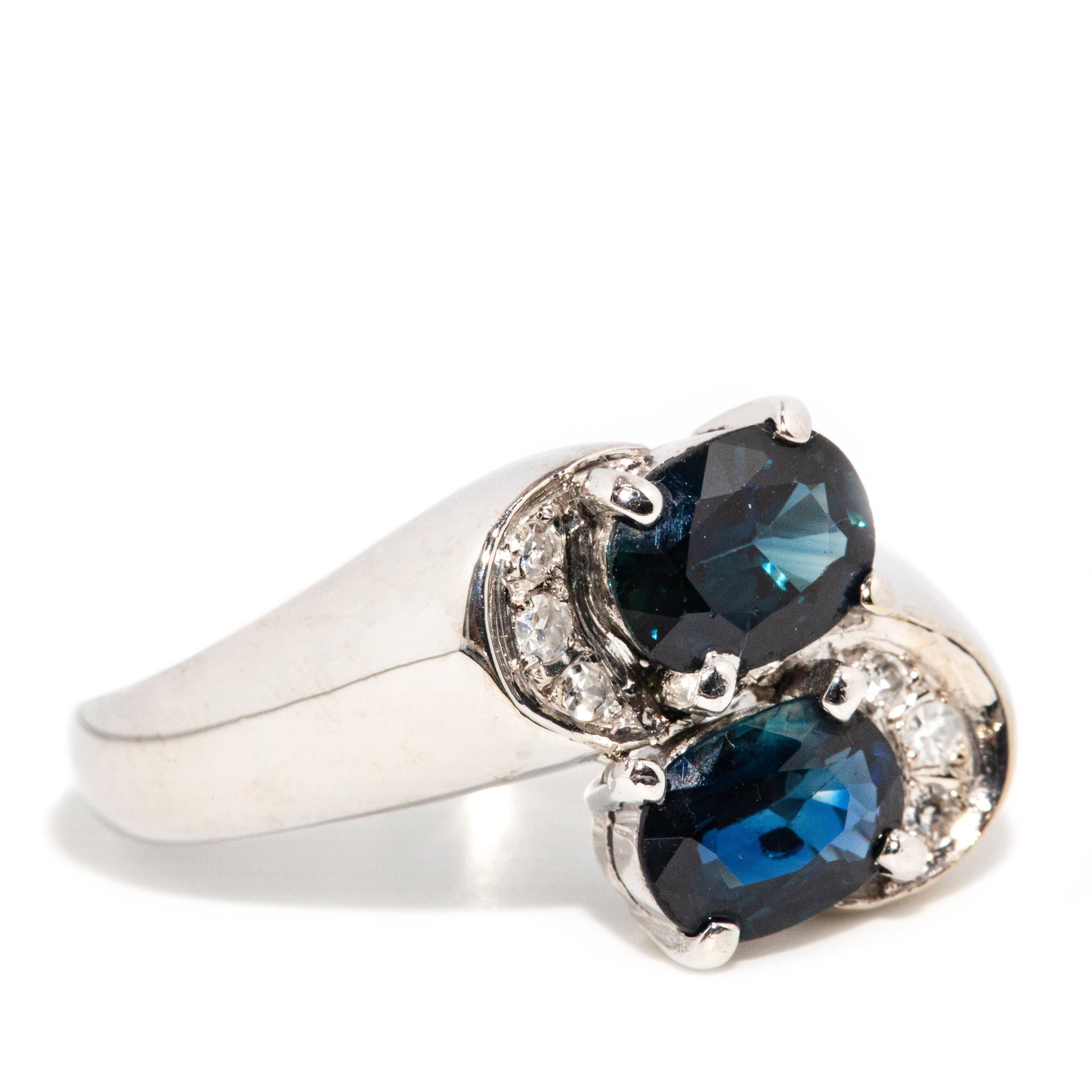 Modern Vintage Circa 1980s 1.85ct Twin Blue Sapphire & Diamond Ring 14 Carat White Gold