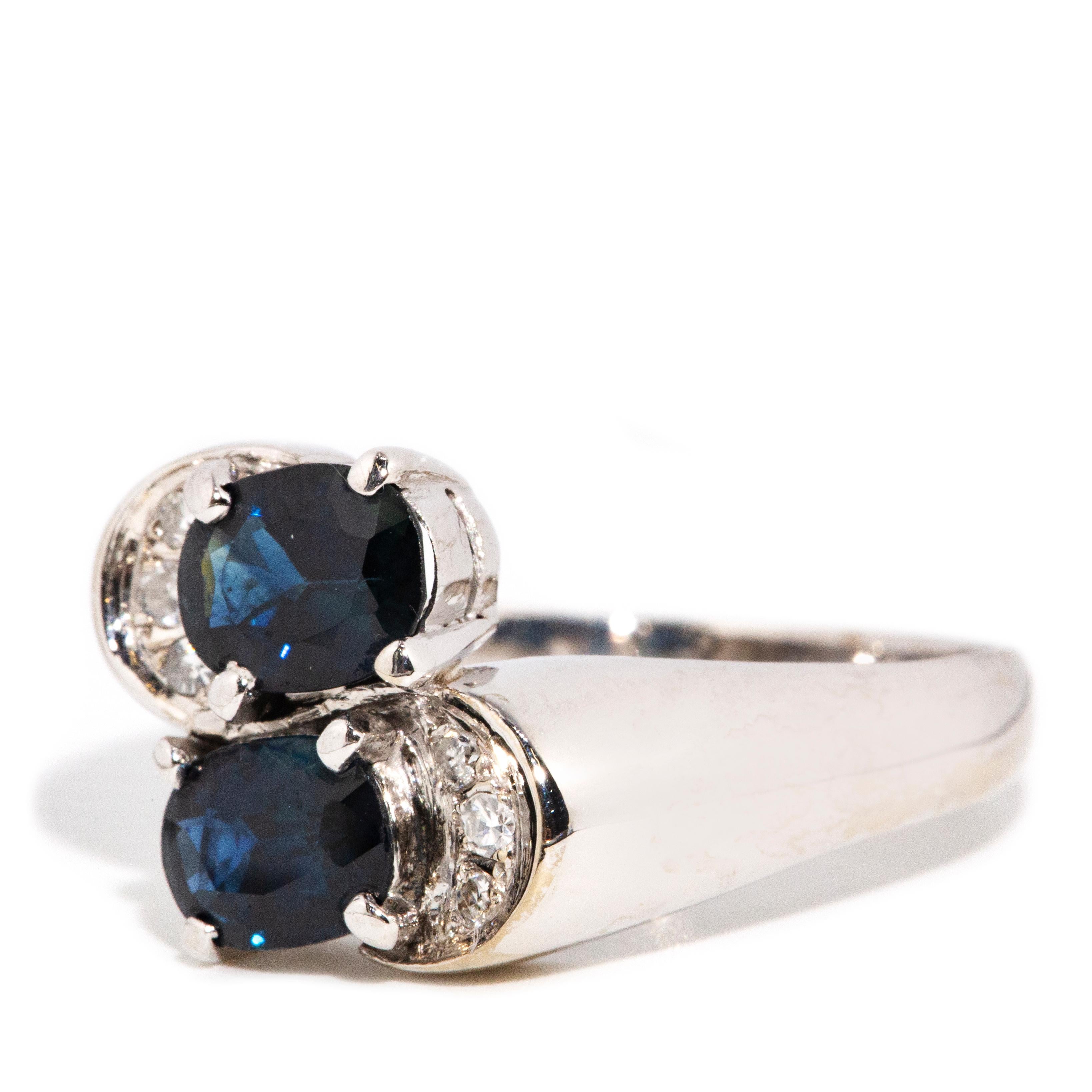 Vintage Circa 1980s 1.85ct Twin Blue Sapphire & Diamond Ring 14 Carat White Gold In Good Condition In Hamilton, AU