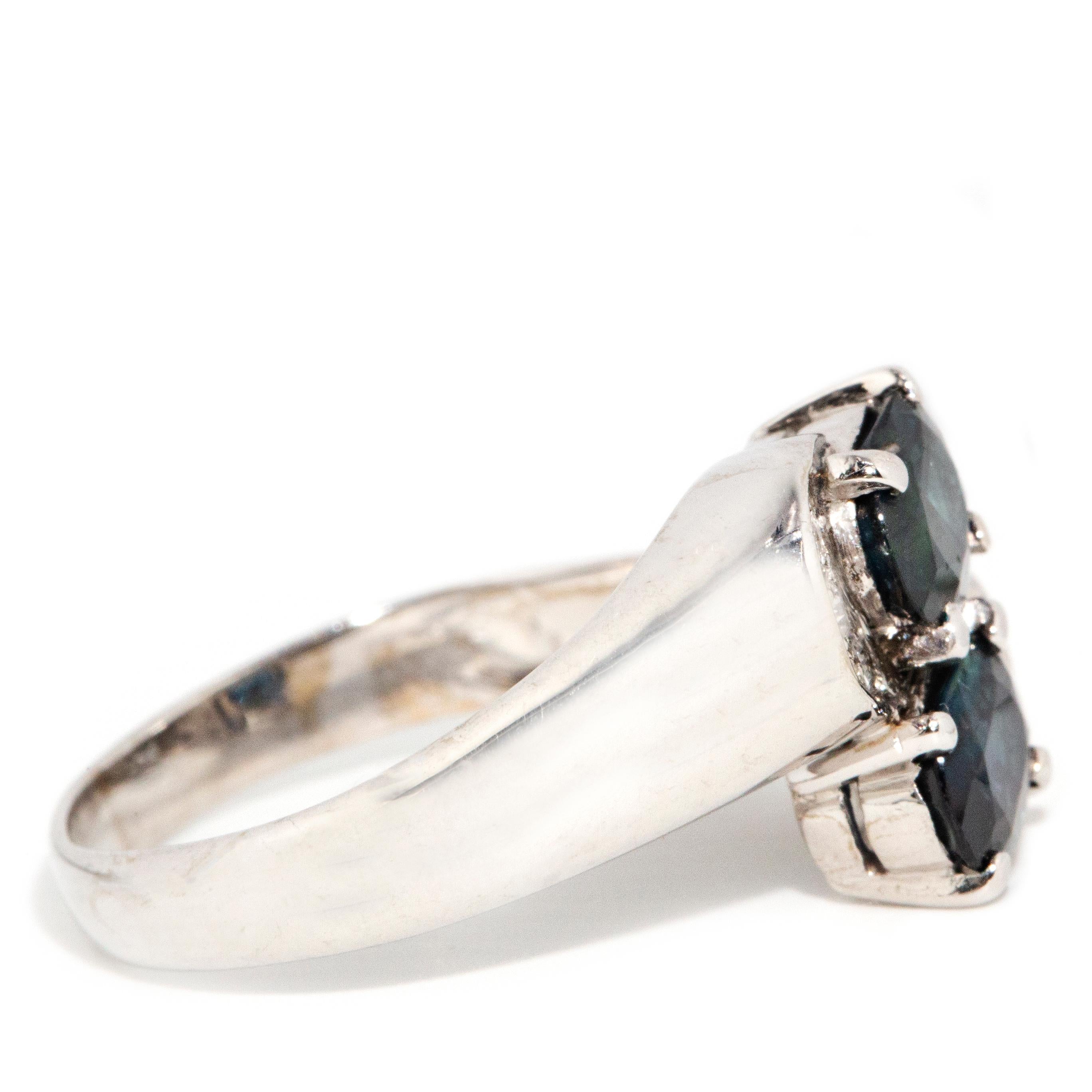 Vintage Circa 1980s 1.85ct Twin Blue Sapphire & Diamond Ring 14 Carat White Gold 1