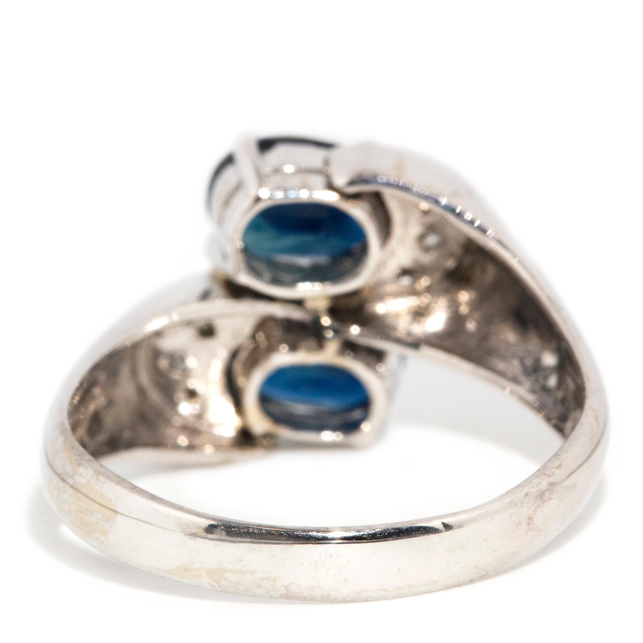 Vintage Circa 1980s 1.85ct Twin Blue Sapphire & Diamond Ring 14 Carat White Gold 3