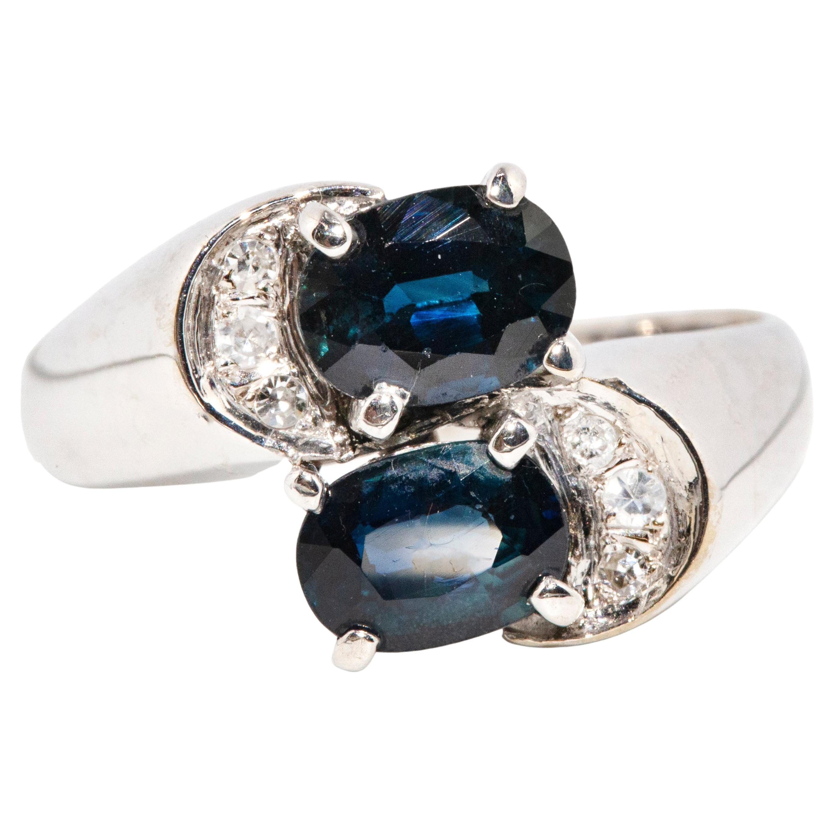 Vintage Circa 1980s 1.85ct Twin Blue Sapphire & Diamond Ring 14 Carat White Gold