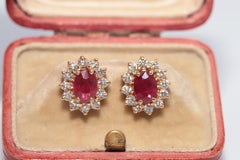 Vintage Circa 1980s 18k Gold Estate Natural Diamond And Heated Ruby Stud Earring