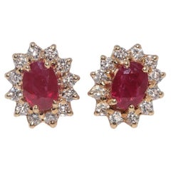 Vintage Circa 1980s 18k Gold Estate Natural Diamond And Heated Ruby Stud Earring