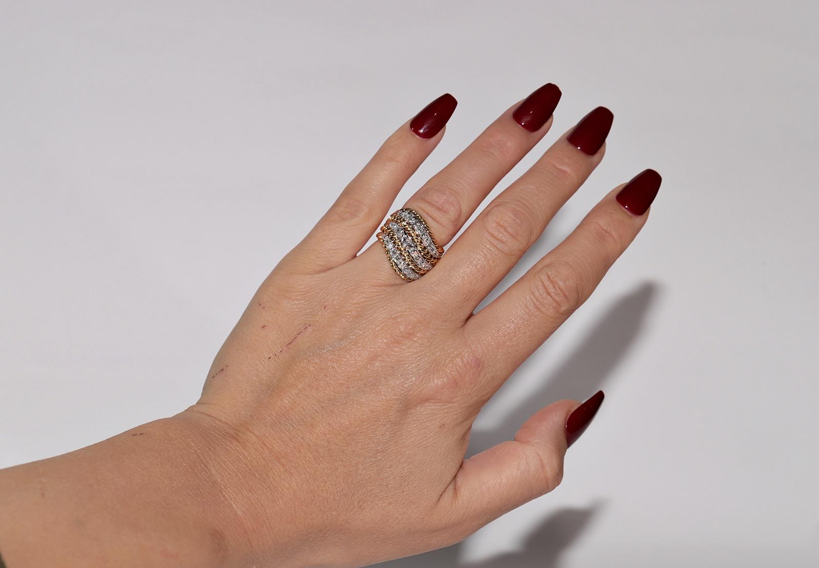 Vintage Circa 1980s 18k Gold Handcrafted 18k Gold Natural Diamond Rope Ring For Sale 5