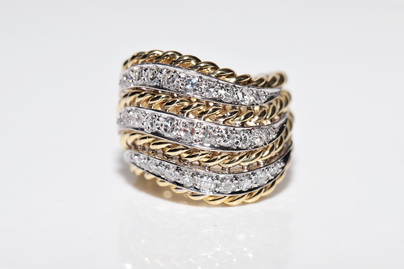 Retro Vintage Circa 1980s 18k Gold Handcrafted 18k Gold Natural Diamond Rope Ring For Sale
