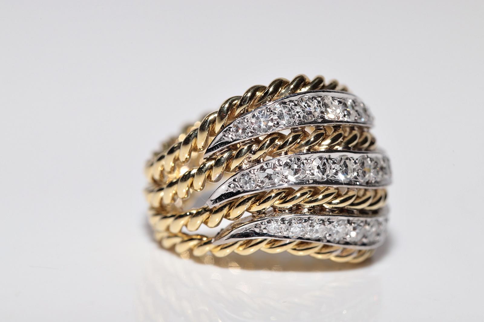 Brilliant Cut Vintage Circa 1980s 18k Gold Handcrafted 18k Gold Natural Diamond Rope Ring For Sale