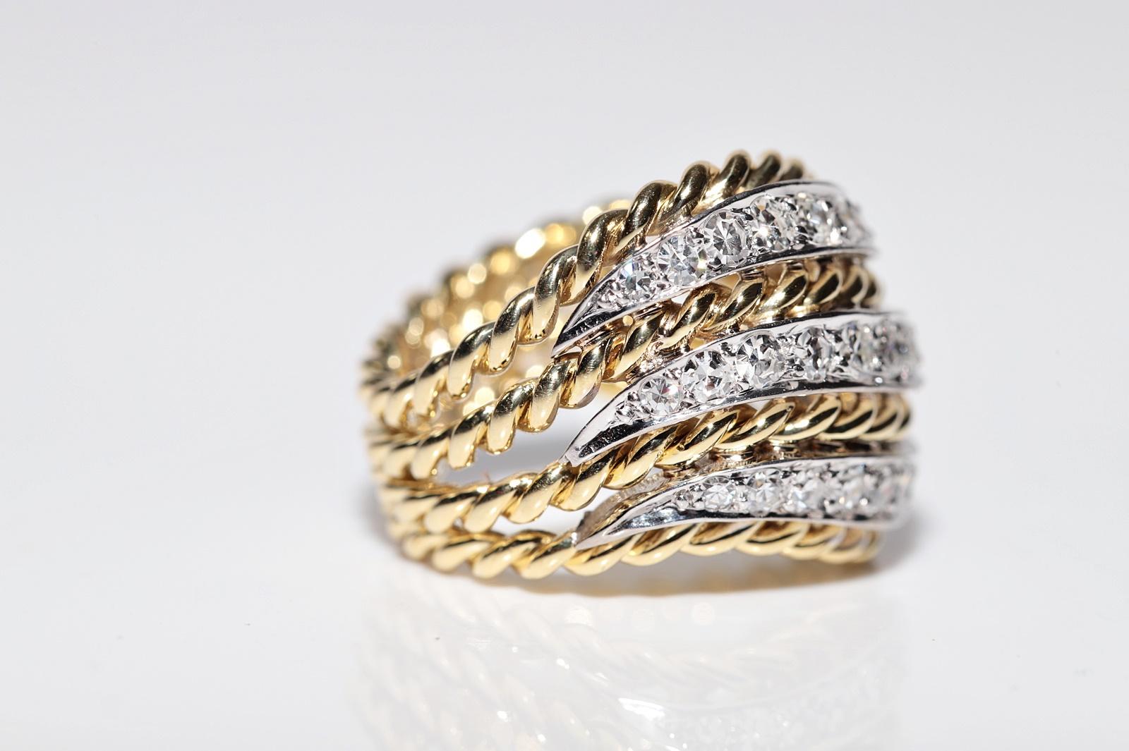 Vintage Circa 1980s 18k Gold Handcrafted 18k Gold Natural Diamond Rope Ring In Good Condition For Sale In Fatih/İstanbul, 34