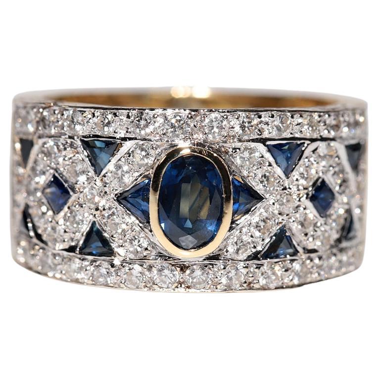 Vintage Circa 1980s 18k Gold Handcrafted Natural Diamond And Sapphire Ring