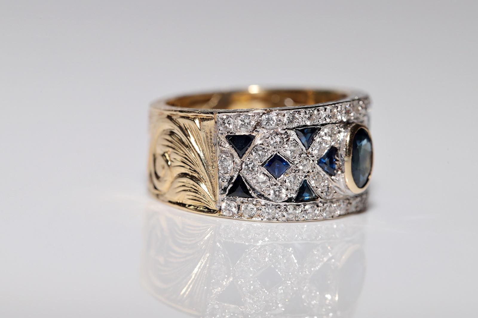 Anello d'oro 18 carati d'epoca, circa anni '80, con diamanti naturali e zaffiri, realizzato a mano in vendita 4