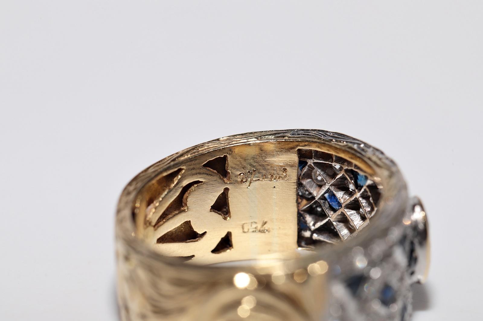 Anello d'oro 18 carati d'epoca, circa anni '80, con diamanti naturali e zaffiri, realizzato a mano in vendita 6
