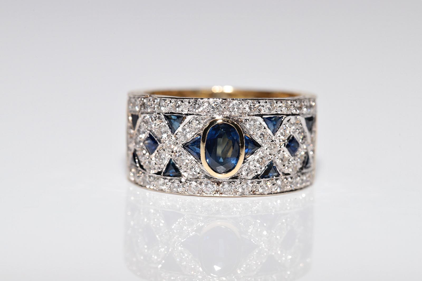 Rétro Anello d'oro 18 carati d'epoca, circa anni '80, con diamanti naturali e zaffiri, realizzato a mano in vendita