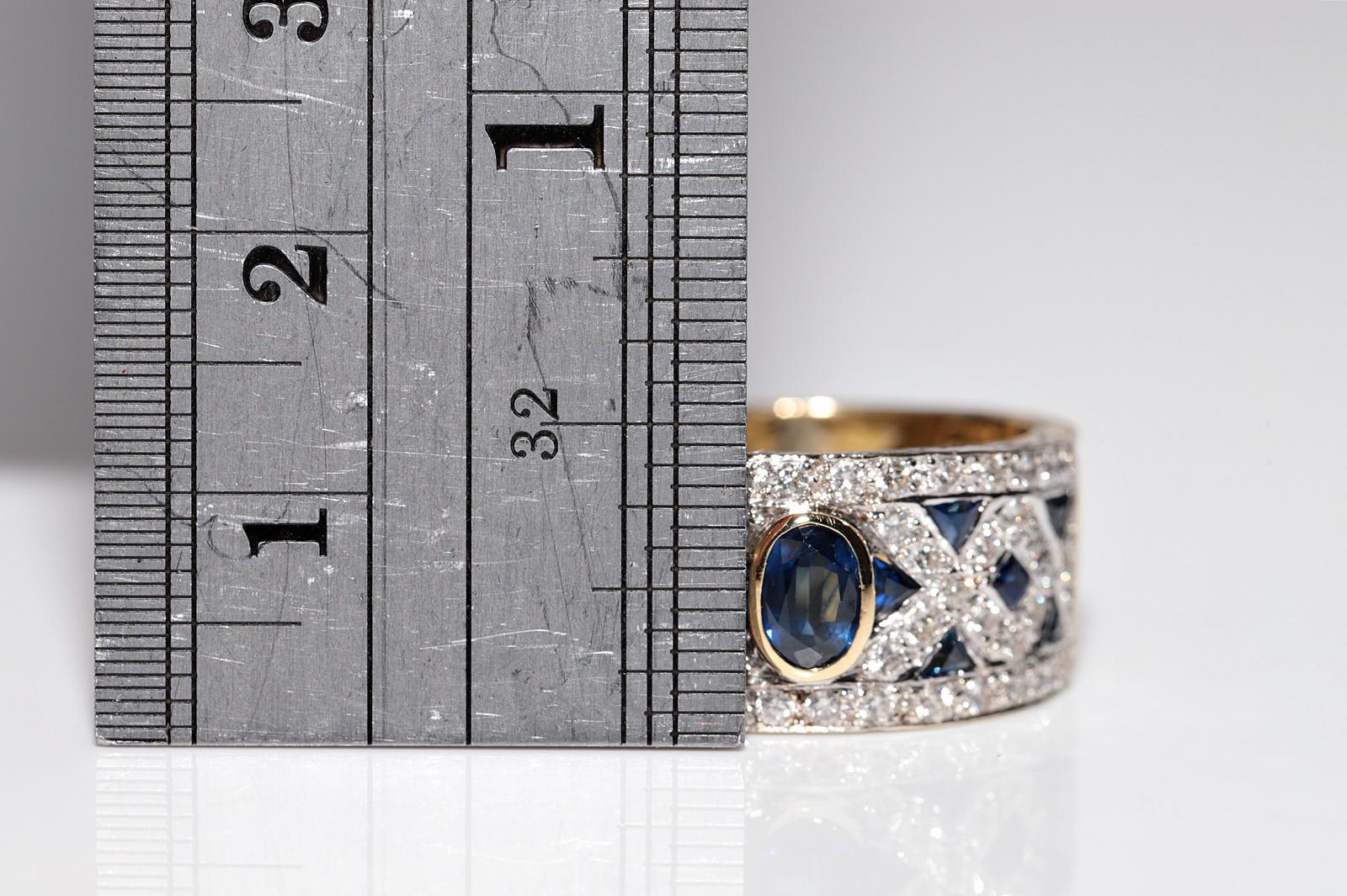 Taglio brillante Anello d'oro 18 carati d'epoca, circa anni '80, con diamanti naturali e zaffiri, realizzato a mano in vendita