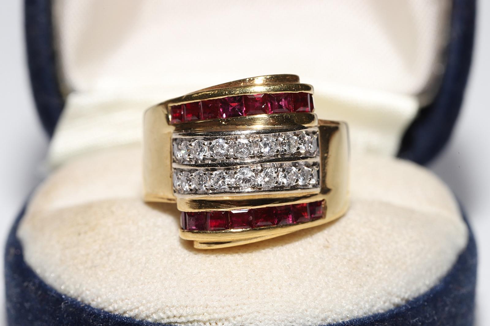 In very good condition.
Total weight is 12.2 grams.
Totally is diamond 0.50 ct.
The diamond is has G-H color and vs clarity.
Totally is ruby 0.65 ct.
Ring size is US 8
We can make any size.
Please contact for any questions.