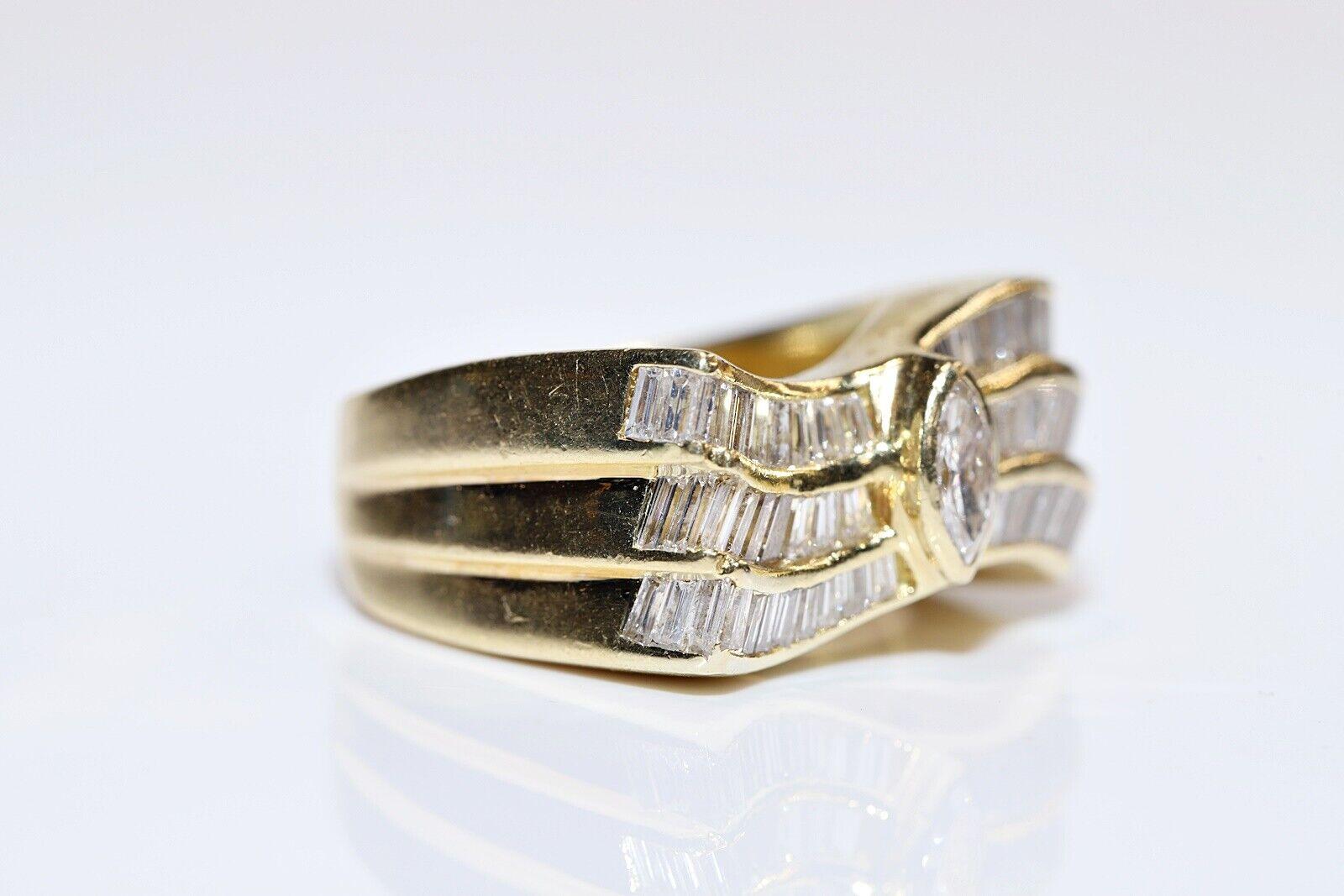 Retro Vintage Circa 1980s 18k Gold Natural Baguette And Marquise Cut Diamond Ring  For Sale