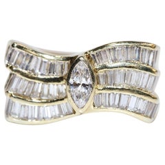 Retro Circa 1980s 18k Gold Natural Baguette And Marquise Cut Diamond Ring 