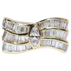 Vintage Circa 1980s 18k Gold Natural Baguette And Marquise Cut Diamond Ring