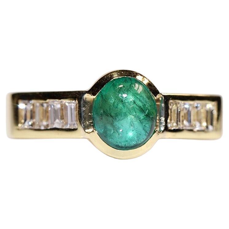 Vintage Circa 1980s 18k Gold Natural Baguette Cut Diamond And Emerald Ring For Sale