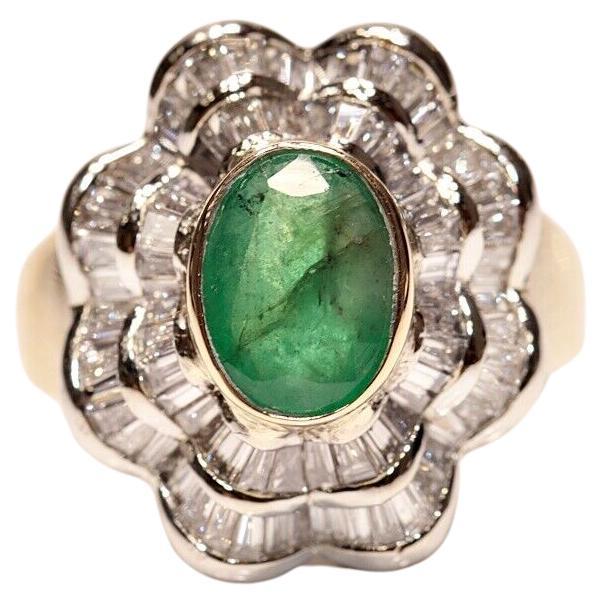 Vintage Circa 1980s 18k Gold Natural Baguette Cut Diamond And Emerald Ring  For Sale