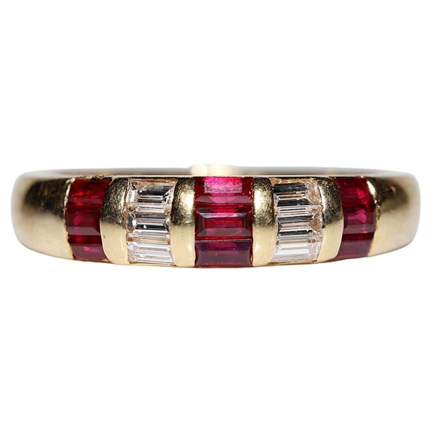 Vintage Circa 1980s 18k Gold Natural Baguette Cut Diamond And Ruby Band Ring  For Sale
