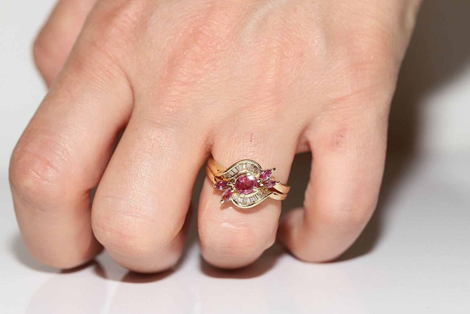 Vintage Circa 1980s 18k Gold Natural Baguette Cut Diamond And Ruby Ring 9