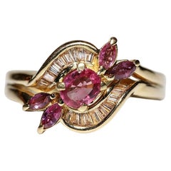 Vintage Circa 1980s 18k Gold Natural Baguette Cut Diamond And Ruby Ring