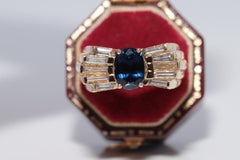 Vintage Circa 1980s 18k Gold Natural Baguette Cut Diamond And Sapphire Ring