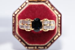 Vintage Circa 1980s 18k Gold Natural Baguette Cut Diamond And Sapphire Ring