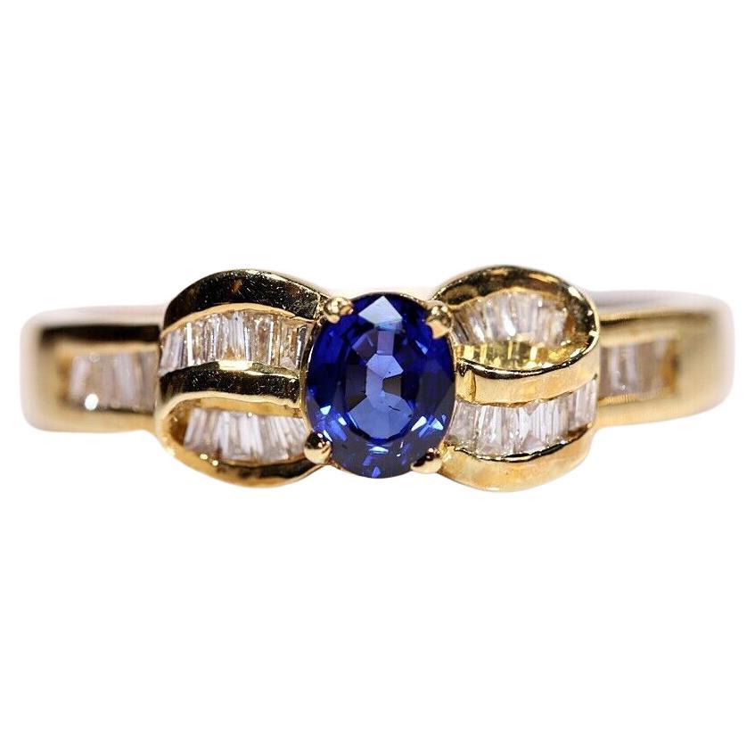 Vintage Circa 1980s 18k Gold Natural Baguette Cut Diamond And Sapphire Ring  For Sale