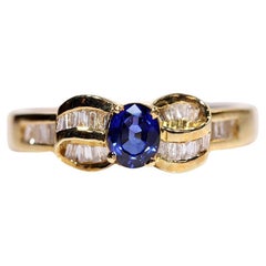 Vintage Circa 1980s 18k Gold Natural Baguette Cut Diamond And Sapphire Ring 