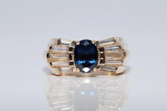 Vintage Circa 1980s 18k Gold Natural Baguette Cut Diamond And Sapphire Ring
