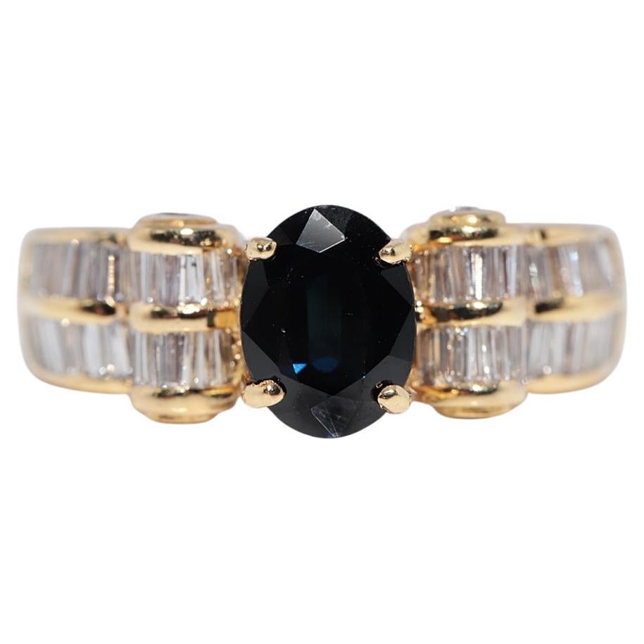 Vintage Circa 1980s 18k Gold Natural Baguette Cut Diamond And Sapphire Ring For Sale