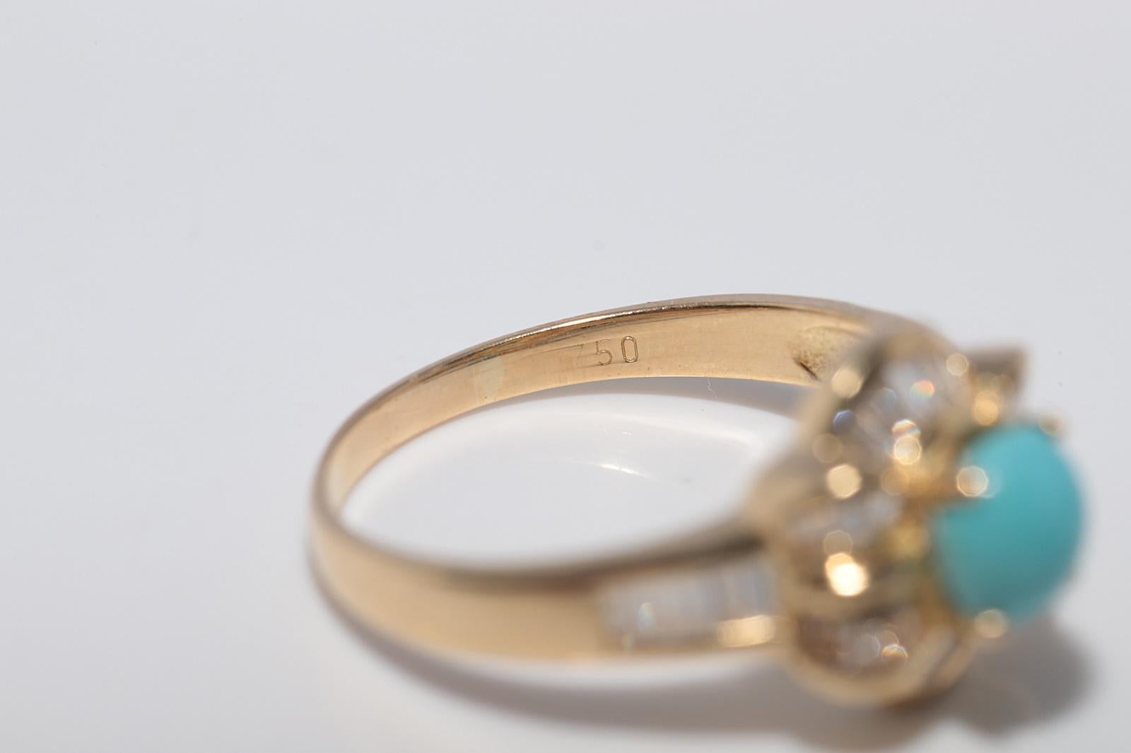 Vintage CIRCA 1980s 18k Gold Natürlicher Baguetteschliff Diamant und Türkis Ring im Angebot 5