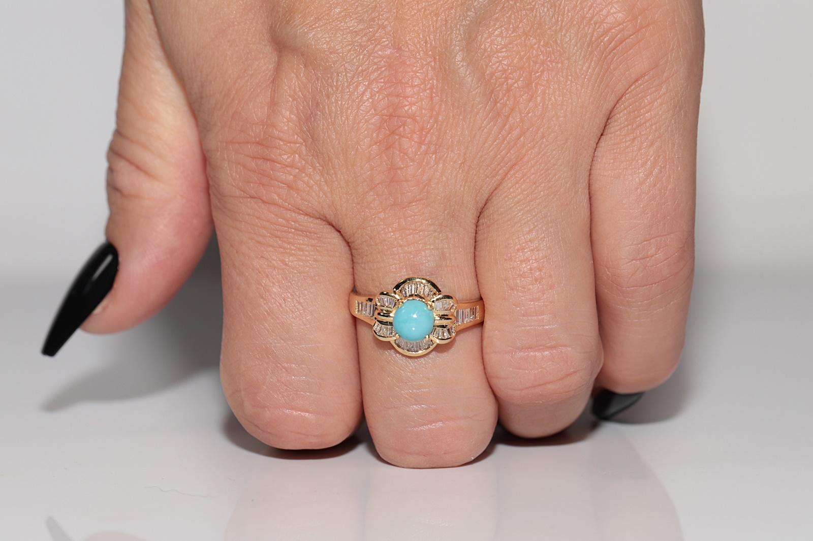 Vintage CIRCA 1980s 18k Gold Natürlicher Baguetteschliff Diamant und Türkis Ring im Angebot 10