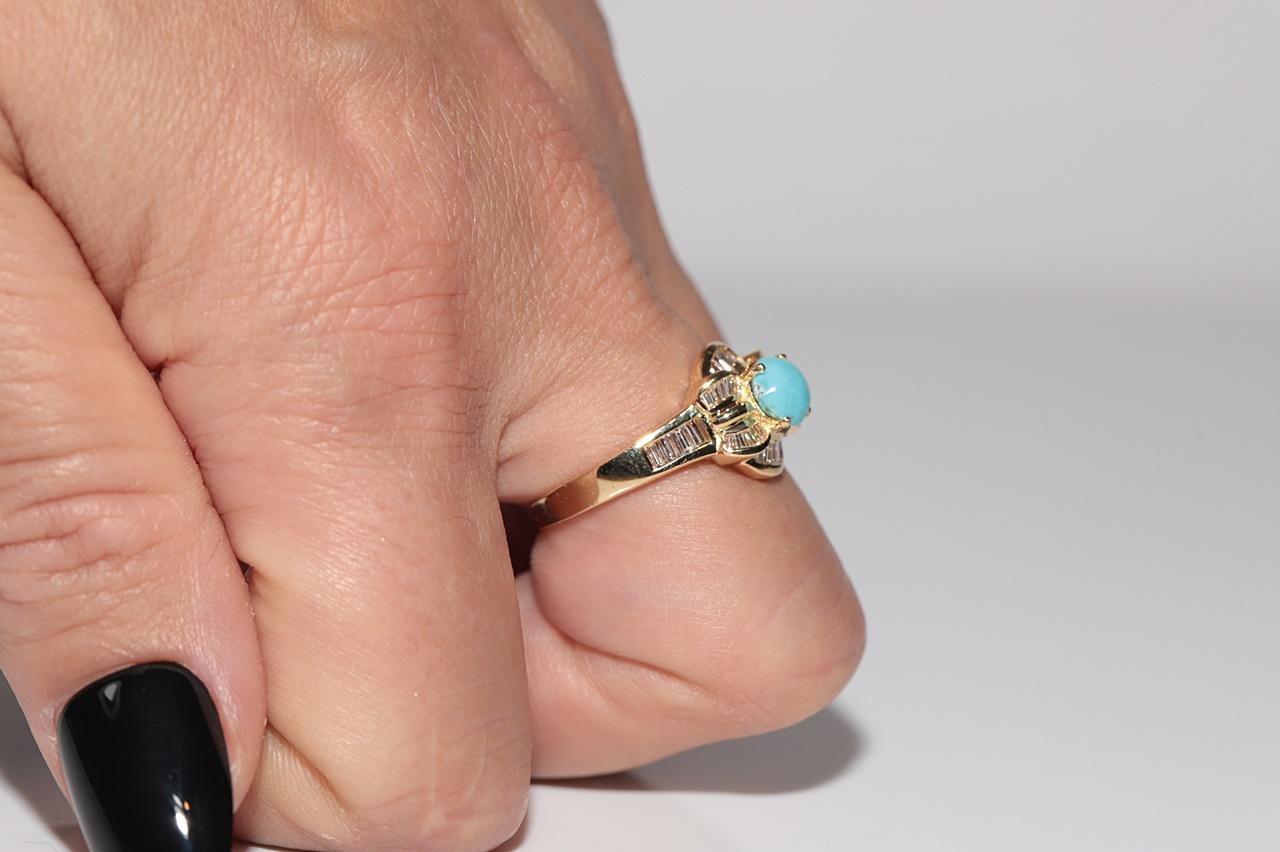 Vintage CIRCA 1980s 18k Gold Natürlicher Baguetteschliff Diamant und Türkis Ring im Angebot 12