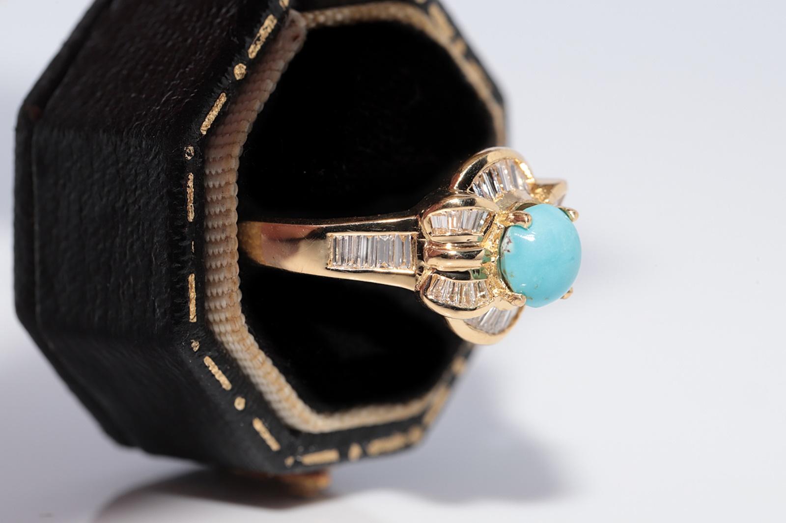 Vintage CIRCA 1980s 18k Gold Natürlicher Baguetteschliff Diamant und Türkis Ring (Kunsthandwerker*in) im Angebot