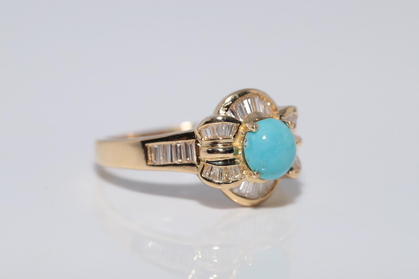 Vintage CIRCA 1980s 18k Gold Natürlicher Baguetteschliff Diamant und Türkis Ring Damen im Angebot