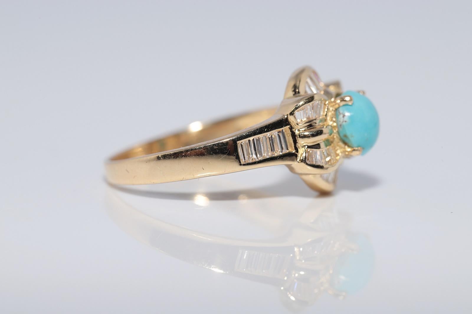 Vintage CIRCA 1980s 18k Gold Natürlicher Baguetteschliff Diamant und Türkis Ring im Angebot 1